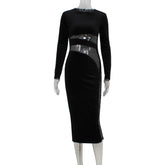 Fall High Sense Sequin Stitching Slim Velvet Sheath Dress Maxi Dress